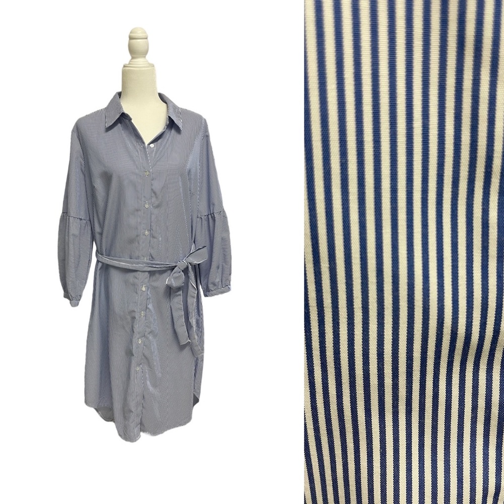 NWT Mlle Gabrielle XL Polyester Blue Stripe Button Down Shirt Dress Sash Belt